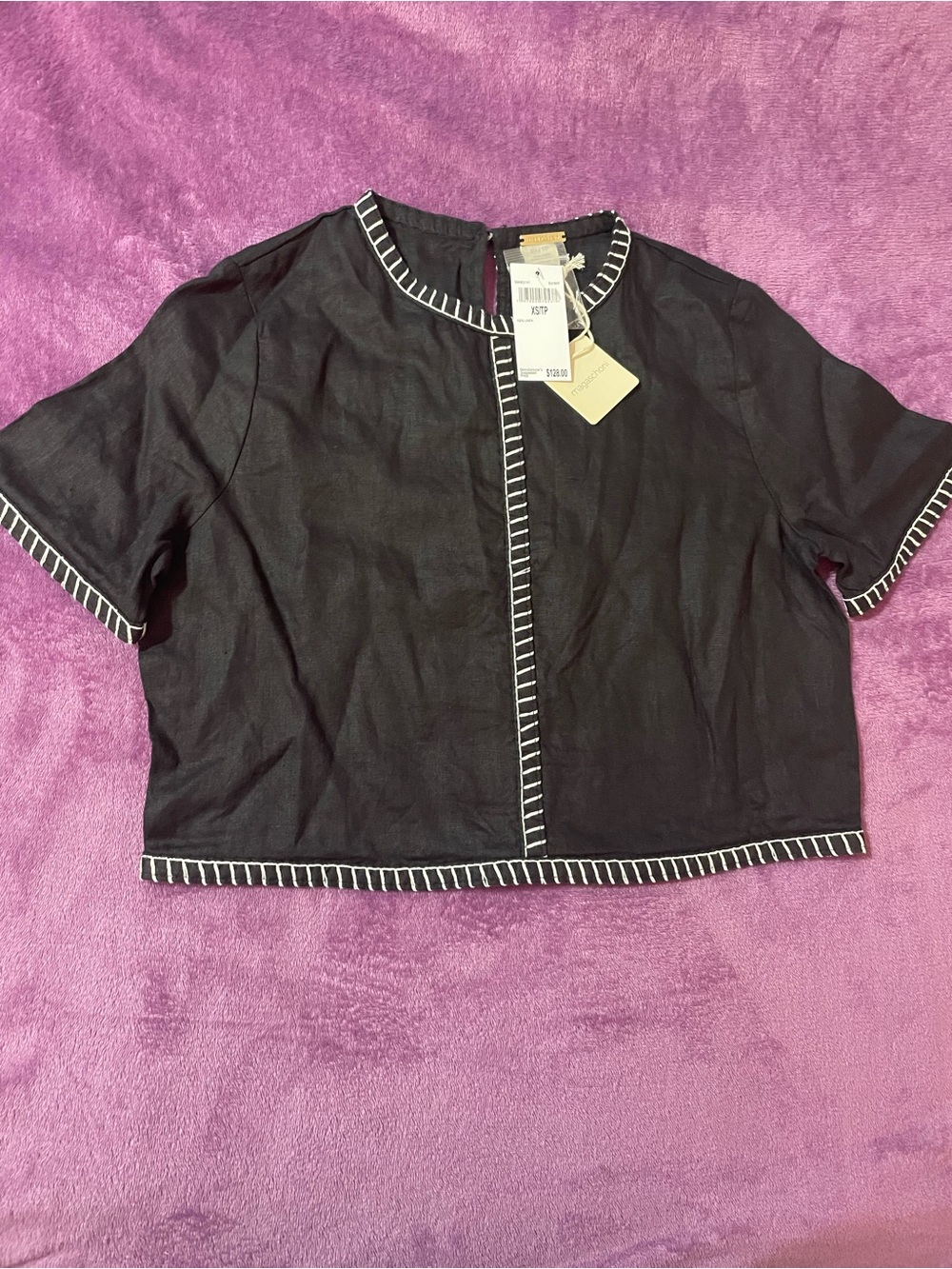 Magaschoni Black Cropped Boxy Top with White Contrast Stitching